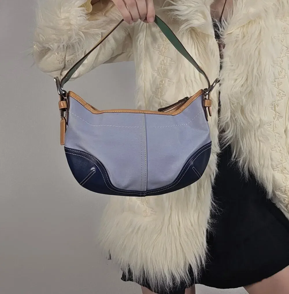 Vintage Y2K Coach Soho Twill Hobo Mini Bag Blue Navy Leather 9508